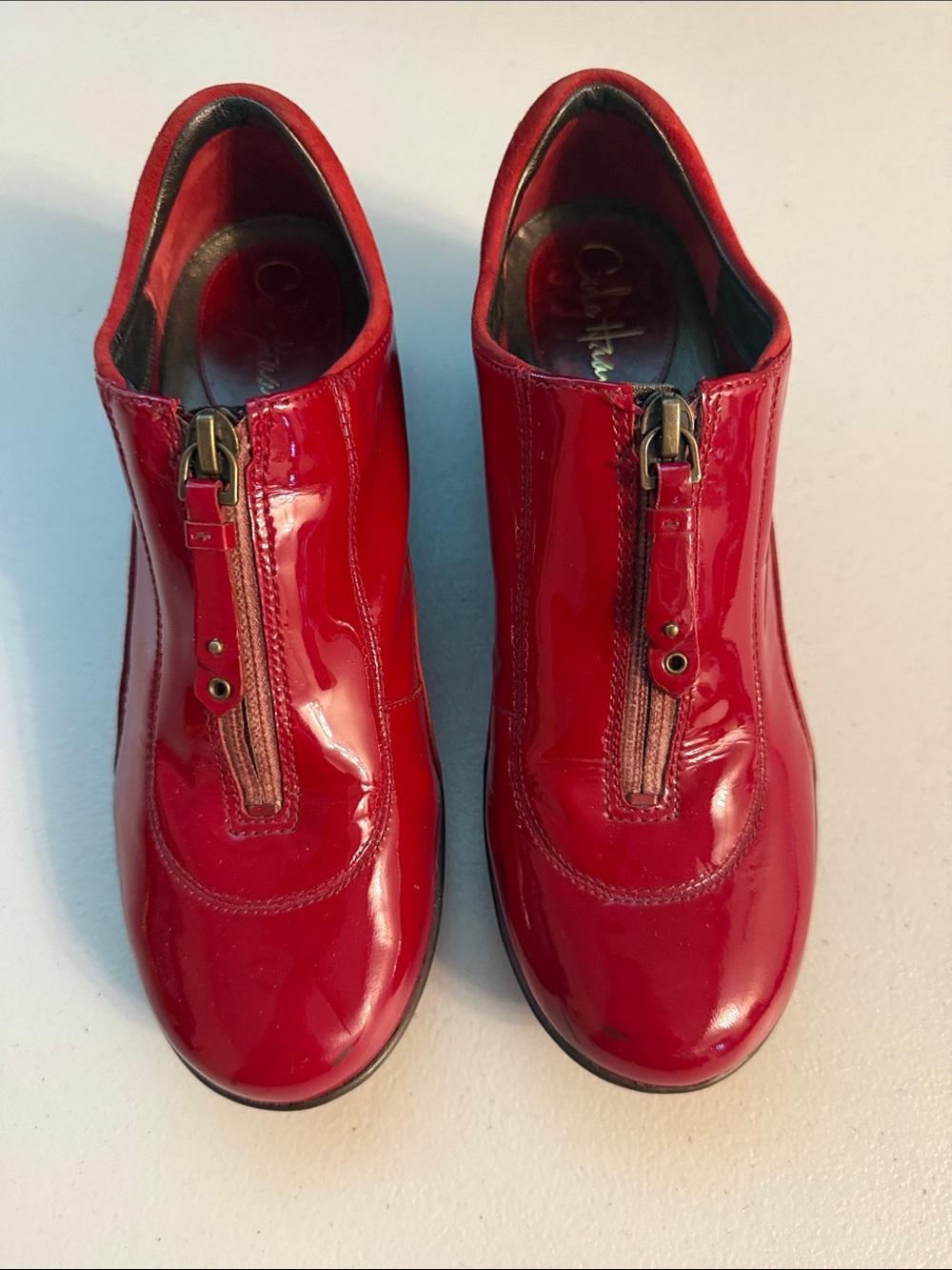 Cole Haan Red Patent Leather Front-Zip Ankle Booties